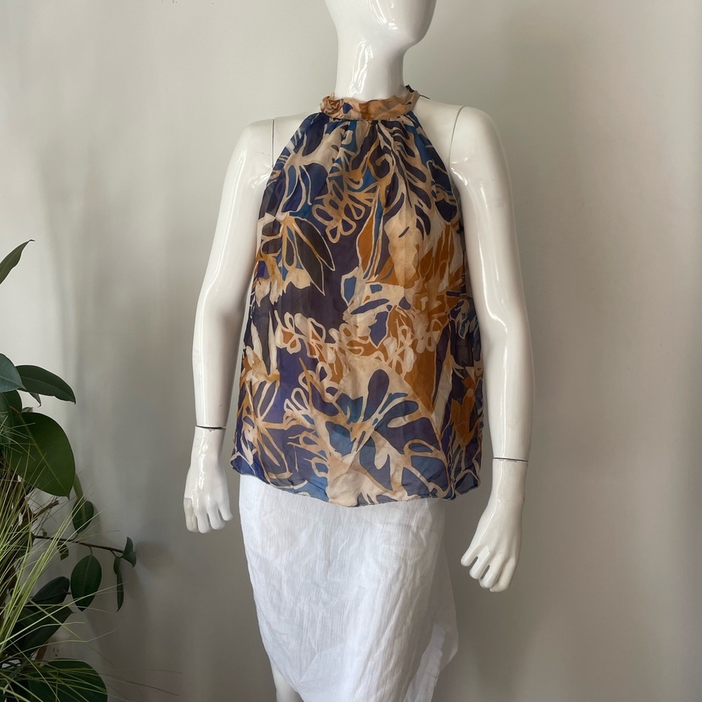 bellambra silk blend made in italy Floral Halter Neck Women Top - Blue and Brown - Picture 2 of 8